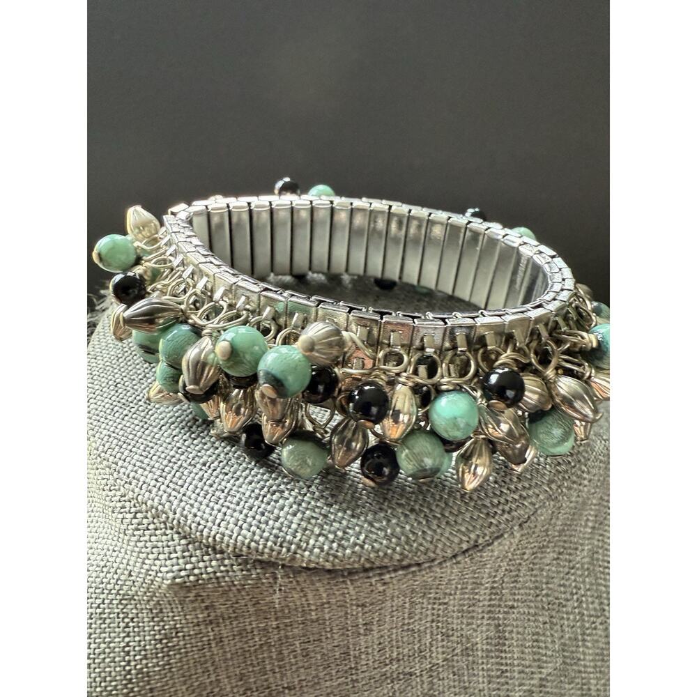 Vintage Beaded Watch Band Stretch Bracelet Glass Bead Blue Silver Boho Artsy